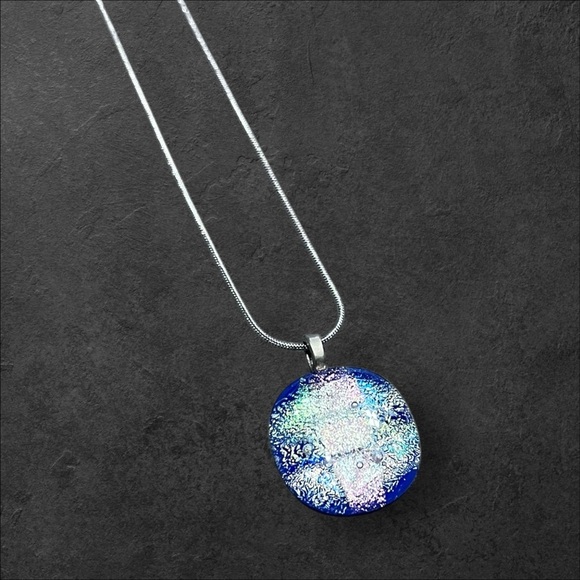 *Handmade Glittery Glass Pendant 18” Stainless Steel Necklace - Picture 12 of 15